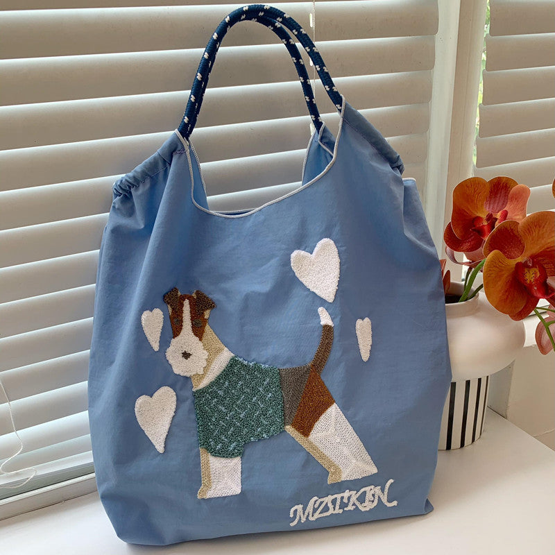 Süße Handtasche mit Hundestickerei, langlebige Umhängetasche mit Kordelzug für Damen
