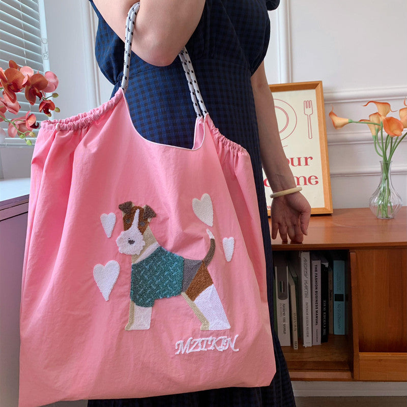 Süße Handtasche mit Hundestickerei, langlebige Umhängetasche mit Kordelzug für Damen
