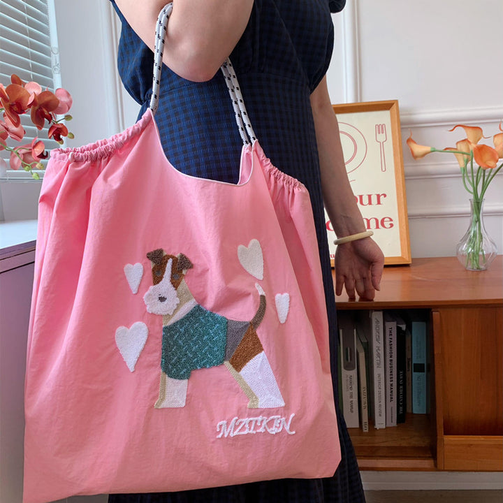 Süße Handtasche mit Hundestickerei, langlebige Umhängetasche mit Kordelzug für Damen