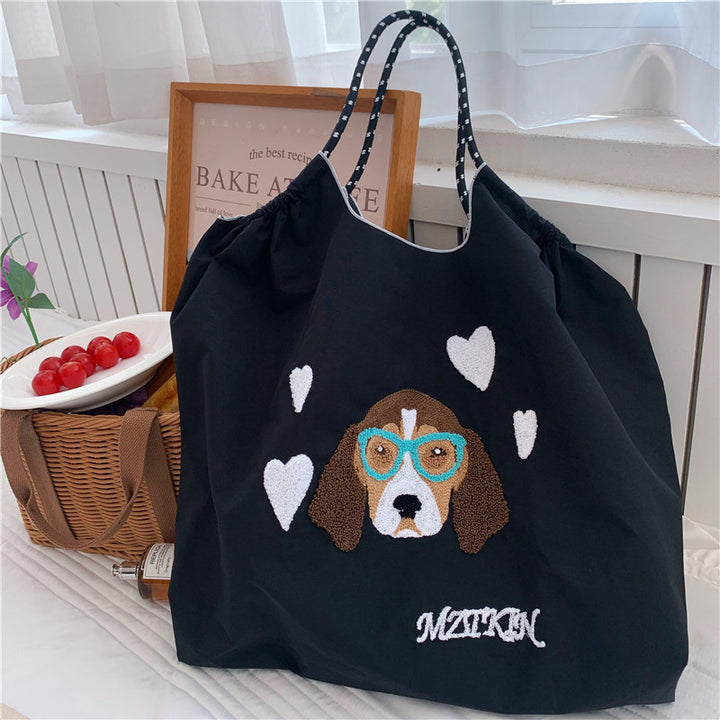 Süße Handtasche mit Hundestickerei, langlebige Umhängetasche mit Kordelzug für Damen