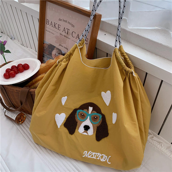 Süße Handtasche mit Hundestickerei, langlebige Umhängetasche mit Kordelzug für Damen