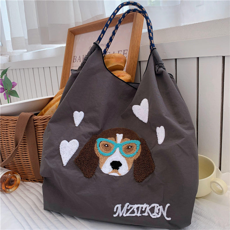 Süße Handtasche mit Hundestickerei, langlebige Umhängetasche mit Kordelzug für Damen