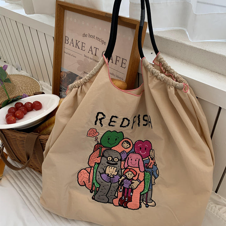 Süße Handtasche mit Hundestickerei, langlebige Umhängetasche mit Kordelzug für Damen