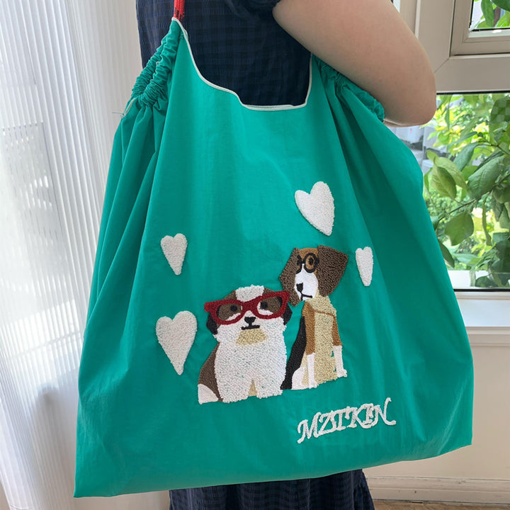 Süße Handtasche mit Hundestickerei, langlebige Umhängetasche mit Kordelzug für Damen