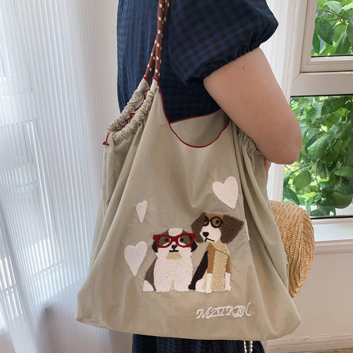 Süße Handtasche mit Hundestickerei, langlebige Umhängetasche mit Kordelzug für Damen
