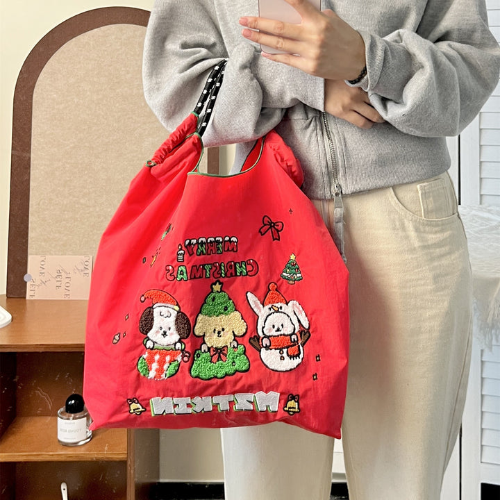 Süße Handtasche mit Hundestickerei, langlebige Umhängetasche mit Kordelzug für Damen