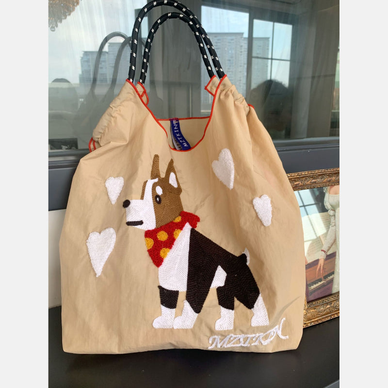 Süße Handtasche mit Hundestickerei, langlebige Umhängetasche mit Kordelzug für Damen