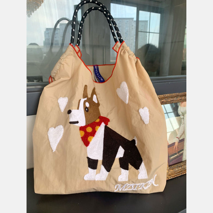 Süße Handtasche mit Hundestickerei, langlebige Umhängetasche mit Kordelzug für Damen