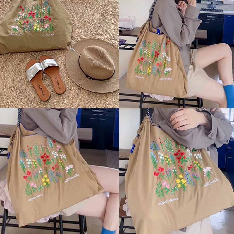 Handtasche mit Blumenstickerei, schwere Umhängetasche aus Nylon mit Kordelzug für Damen