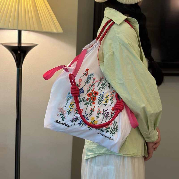 Handtasche mit Blumenstickerei, schwere Umhängetasche aus Nylon mit Kordelzug für Damen