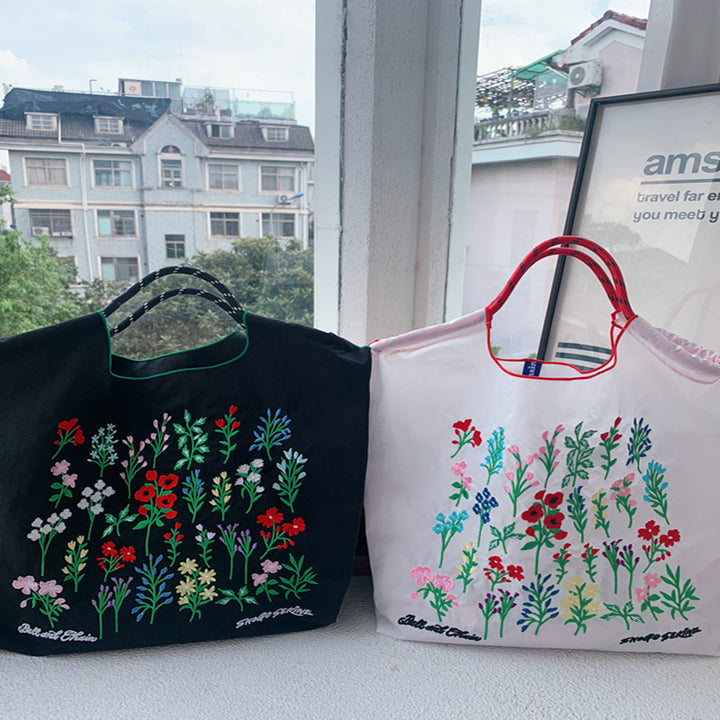 Handtasche mit Blumenstickerei, schwere Umhängetasche aus Nylon mit Kordelzug für Damen
