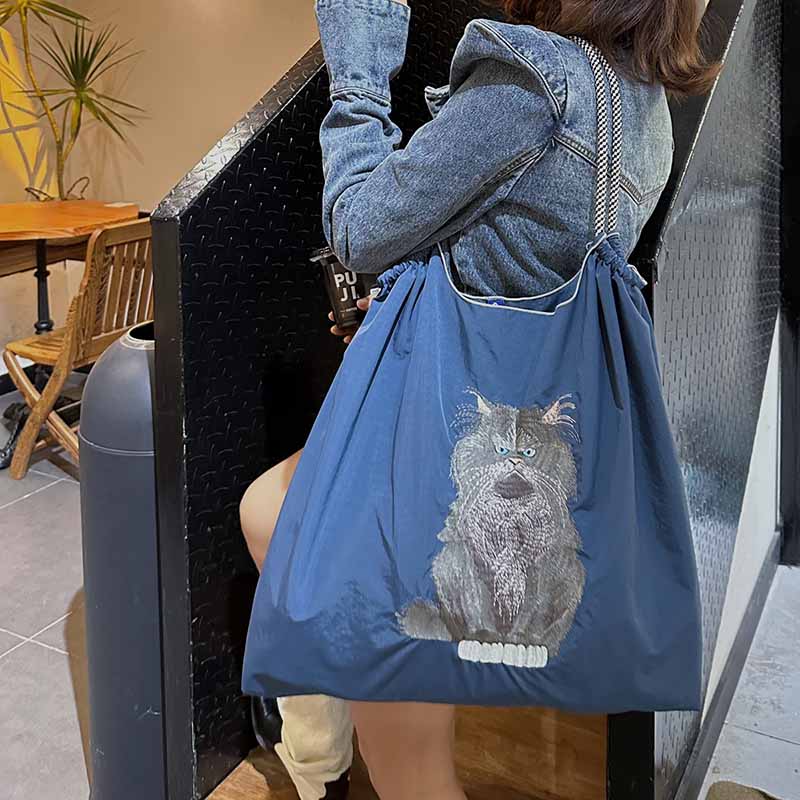 Handtasche mit süßer Vogelstickerei, strapazierfähige Umhängetasche mit Kordelzug für Damen