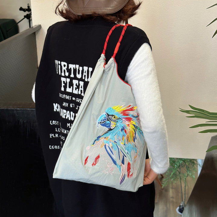 Handtasche mit süßer Vogelstickerei, strapazierfähige Umhängetasche mit Kordelzug für Damen