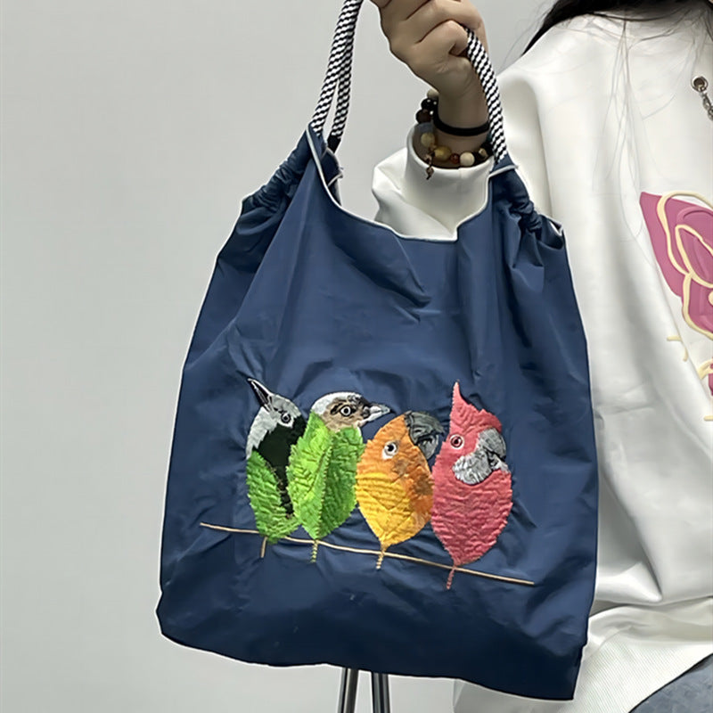 Handtasche mit süßer Vogelstickerei, strapazierfähige Umhängetasche mit Kordelzug für Damen