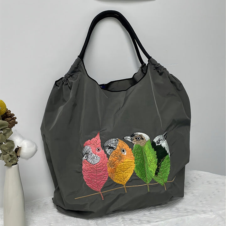 Handtasche mit süßer Vogelstickerei, strapazierfähige Umhängetasche mit Kordelzug für Damen