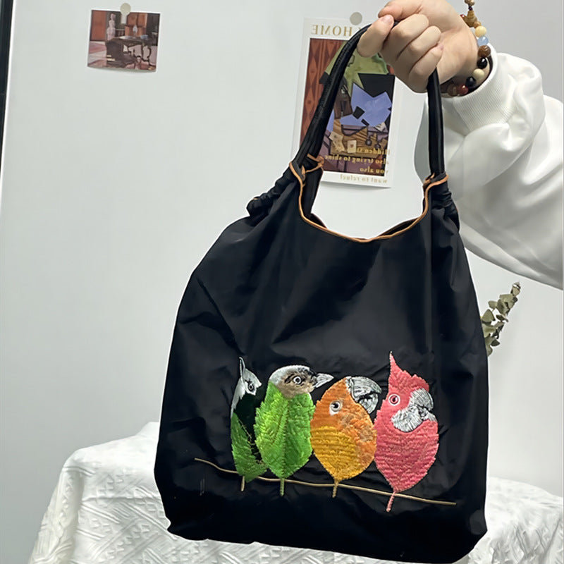 Handtasche mit süßer Vogelstickerei, strapazierfähige Umhängetasche mit Kordelzug für Damen
