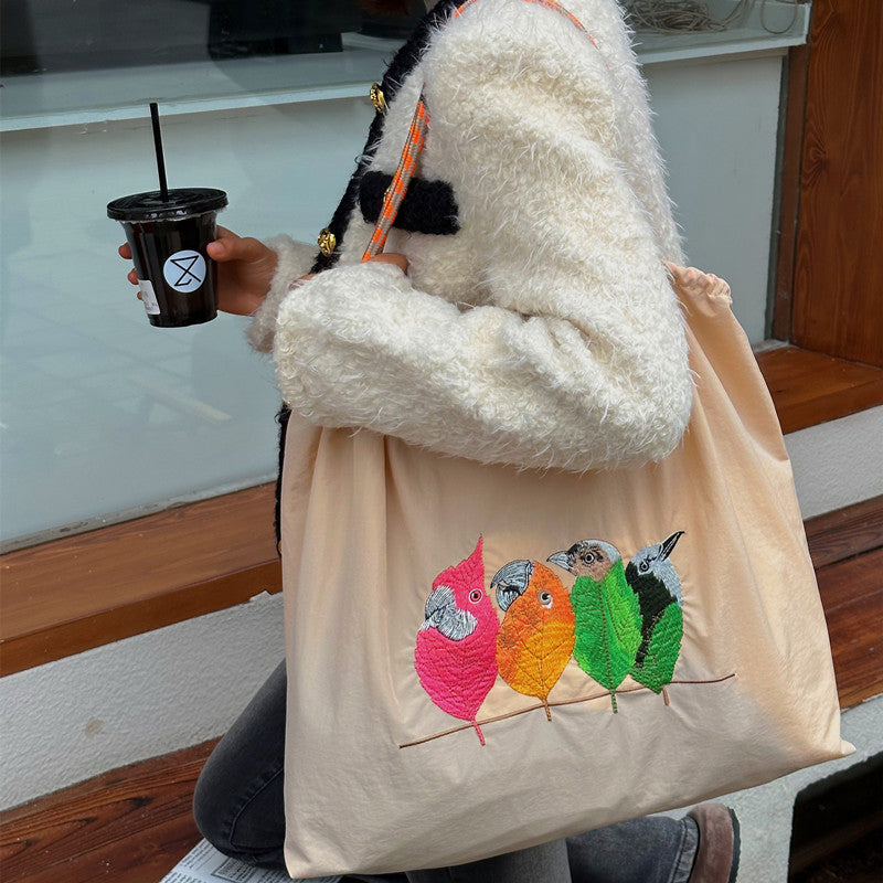 Handtasche mit süßer Vogelstickerei, strapazierfähige Umhängetasche mit Kordelzug für Damen
