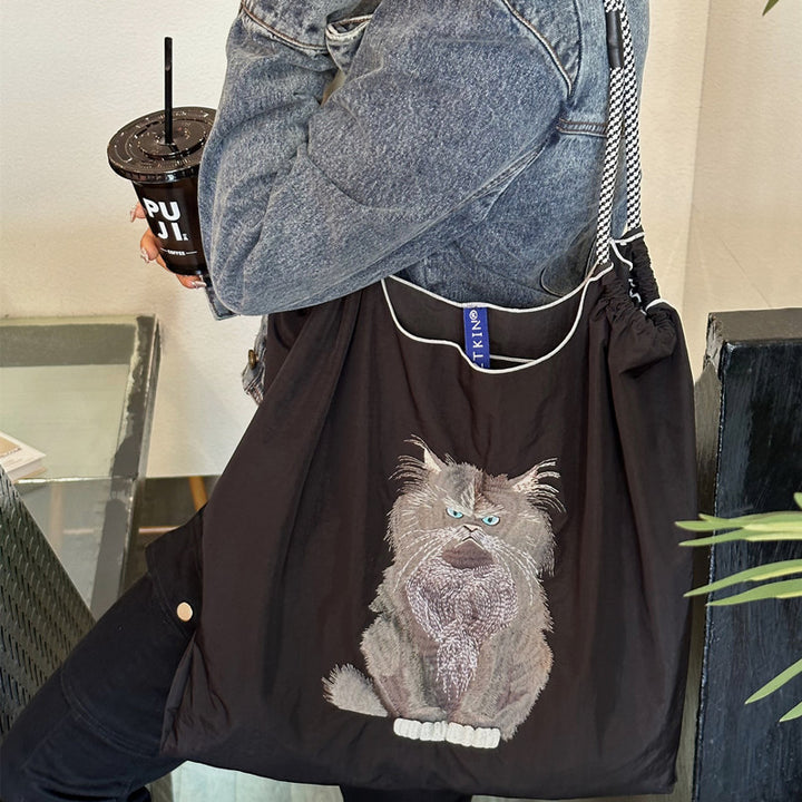 Handtasche mit süßer Vogelstickerei, strapazierfähige Umhängetasche mit Kordelzug für Damen