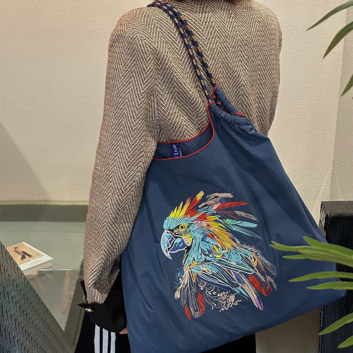 Handtasche mit süßer Vogelstickerei, strapazierfähige Umhängetasche mit Kordelzug für Damen