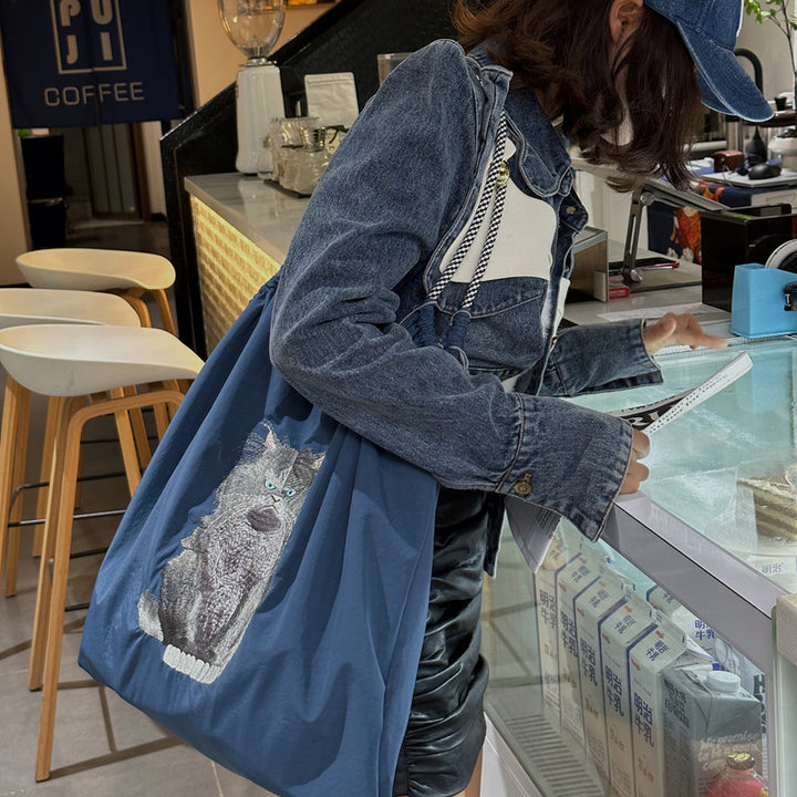 Handtasche mit süßer Vogelstickerei, strapazierfähige Umhängetasche mit Kordelzug für Damen