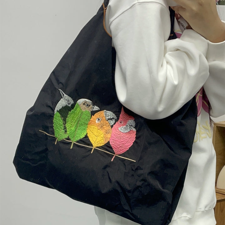 Handtasche mit süßer Vogelstickerei, strapazierfähige Umhängetasche mit Kordelzug für Damen