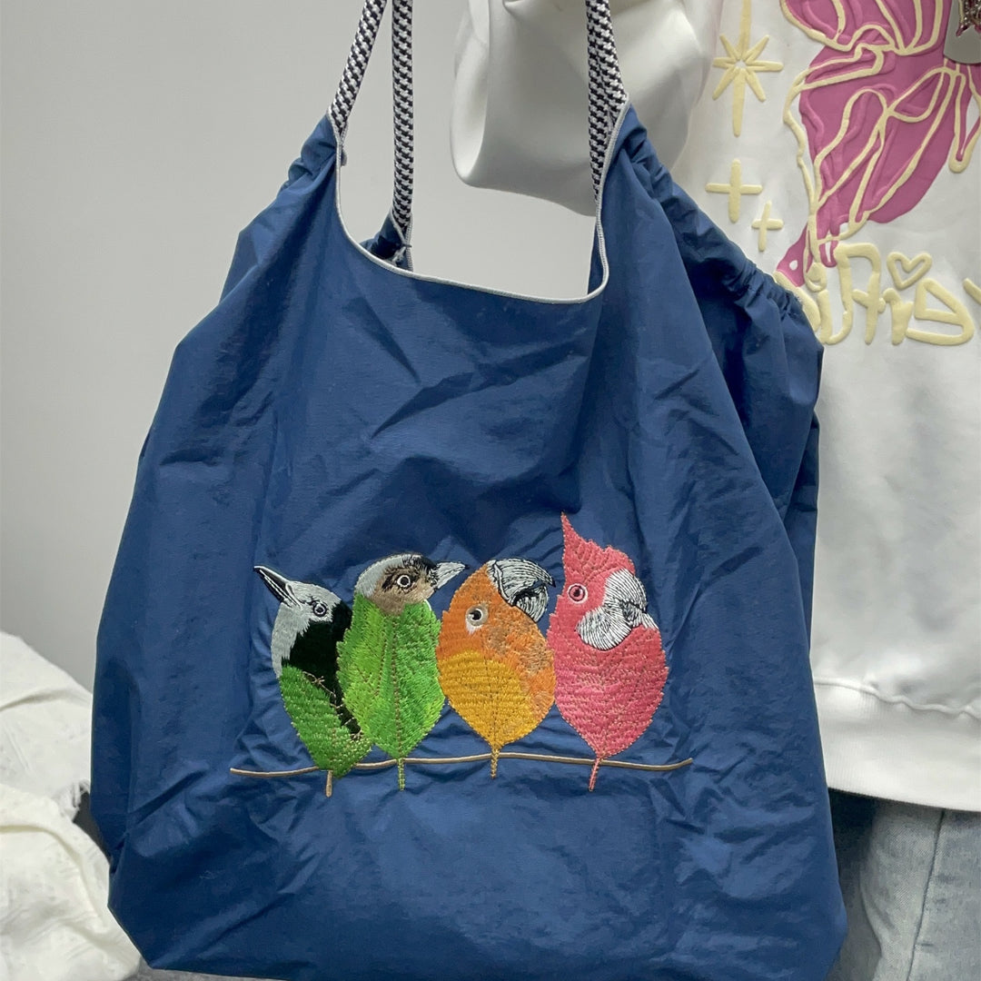 Handtasche mit süßer Vogelstickerei, strapazierfähige Umhängetasche mit Kordelzug für Damen