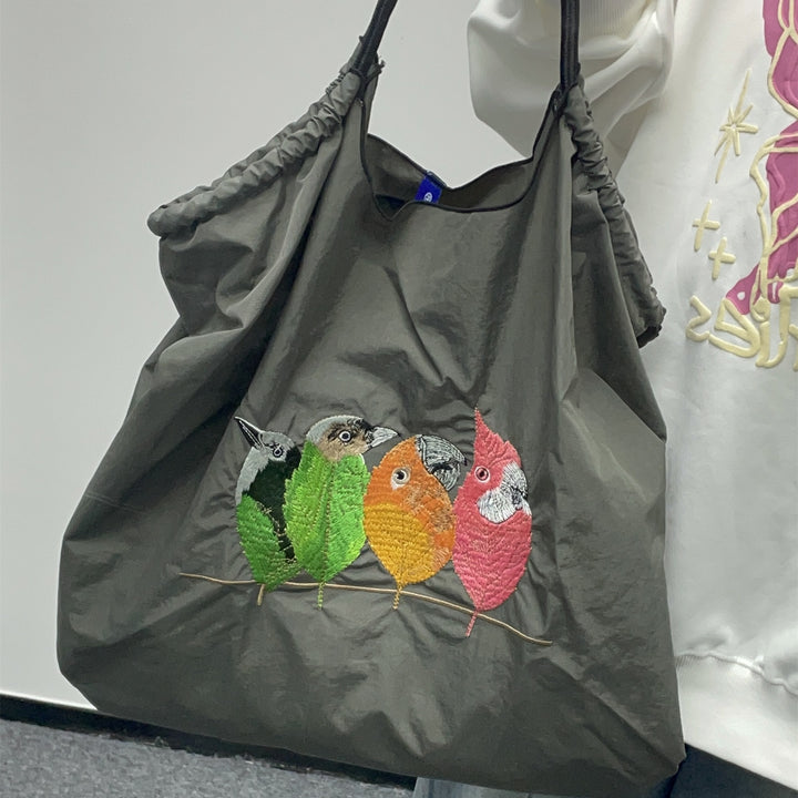 Handtasche mit süßer Vogelstickerei, strapazierfähige Umhängetasche mit Kordelzug für Damen