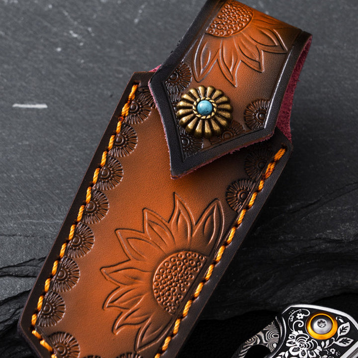 Gürteltasche aus Leder mit Sonnenblumen-Schnitzerei, tragbar, für den Außenbereich, Schutzholster