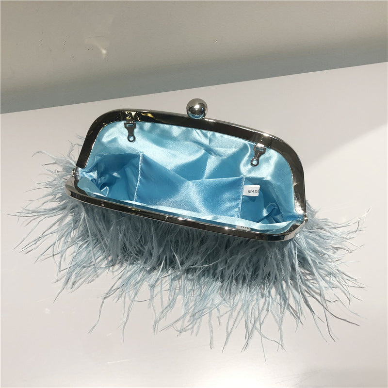 Umhängetasche mit Perlenkette für Damen, Handtasche aus Straußenfell