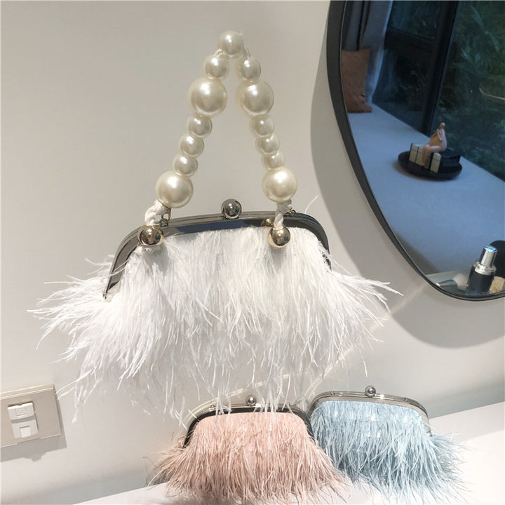 Umhängetasche mit Perlenkette für Damen, Handtasche aus Straußenfell