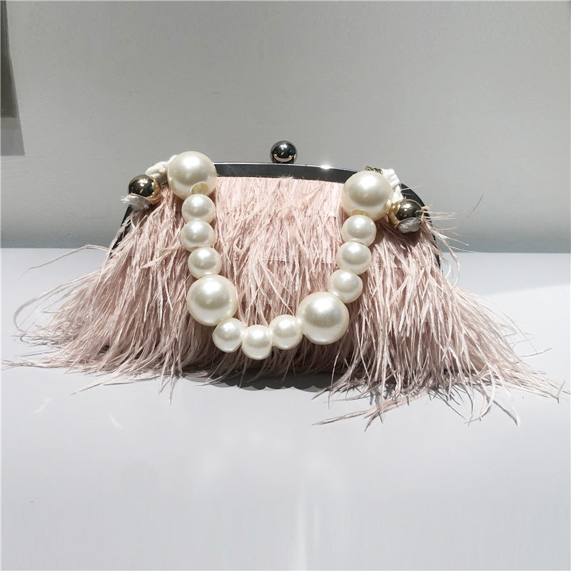 Umhängetasche mit Perlenkette für Damen, Handtasche aus Straußenfell