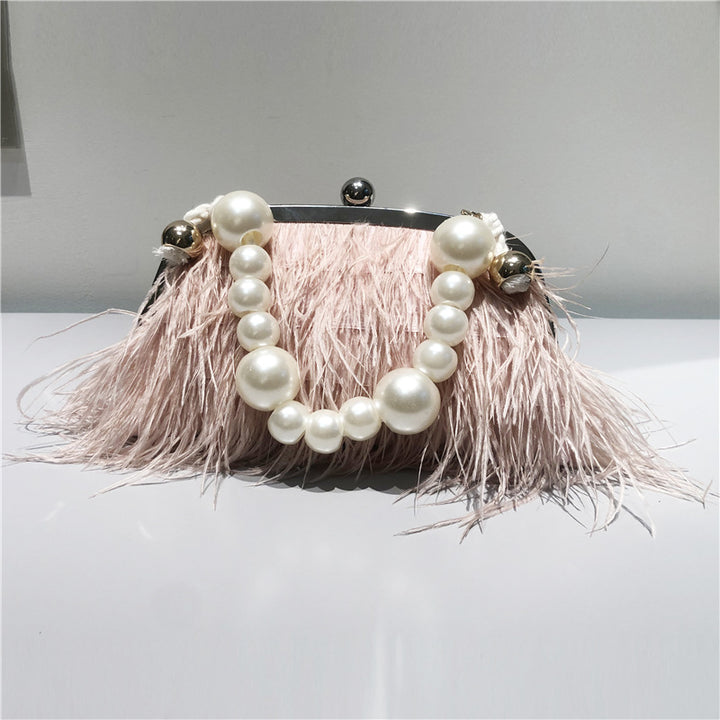 Umhängetasche mit Perlenkette für Damen, Handtasche aus Straußenfell