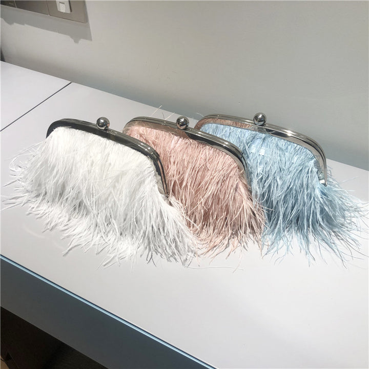 Umhängetasche mit Perlenkette für Damen, Handtasche aus Straußenfell