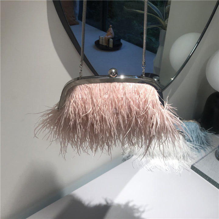 Umhängetasche mit Perlenkette für Damen, Handtasche aus Straußenfell