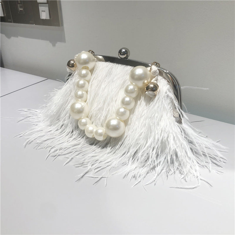 Umhängetasche mit Perlenkette für Damen, Handtasche aus Straußenfell