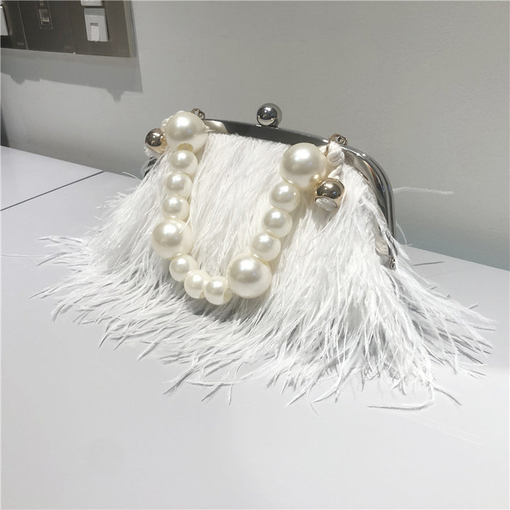 Umhängetasche mit Perlenkette für Damen, Handtasche aus Straußenfell