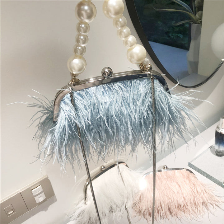 Umhängetasche mit Perlenkette für Damen, Handtasche aus Straußenfell