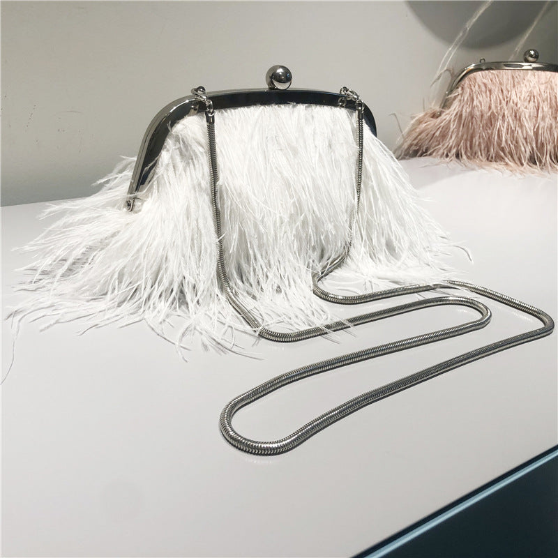Umhängetasche mit Perlenkette für Damen, Handtasche aus Straußenfell