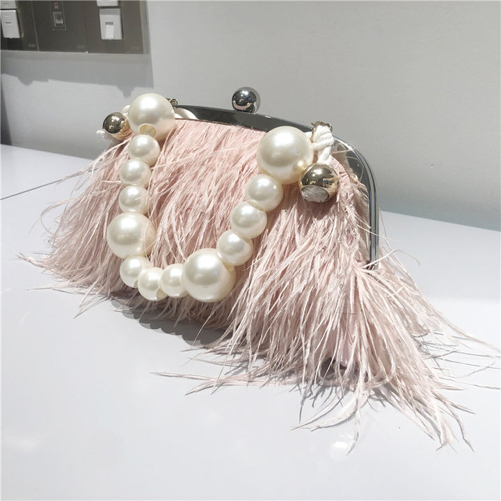 Umhängetasche mit Perlenkette für Damen, Handtasche aus Straußenfell