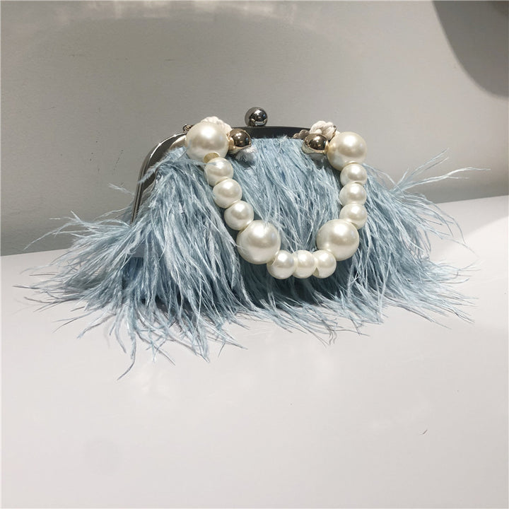 Umhängetasche mit Perlenkette für Damen, Handtasche aus Straußenfell
