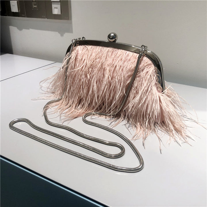 Umhängetasche mit Perlenkette für Damen, Handtasche aus Straußenfell