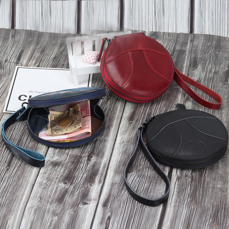 Runde Geldbörse, Retro-Stil, süße Leder-Portemonnaie, Handgelenktasche
