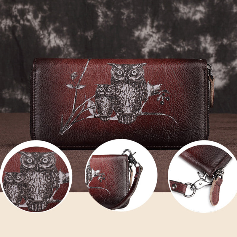 Süße Eulen-Geldbörse, lange Retro-Clutch aus echtem Leder