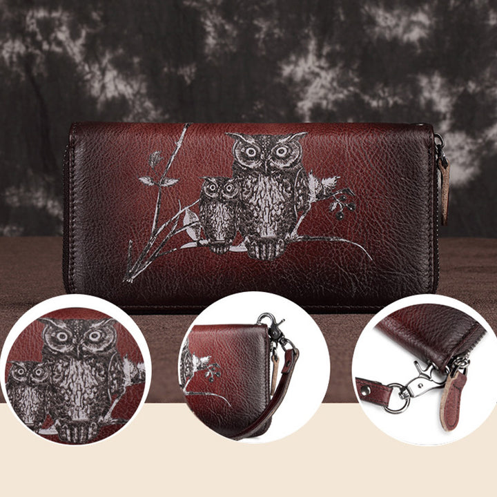 Süße Eulen-Geldbörse, lange Retro-Clutch aus echtem Leder