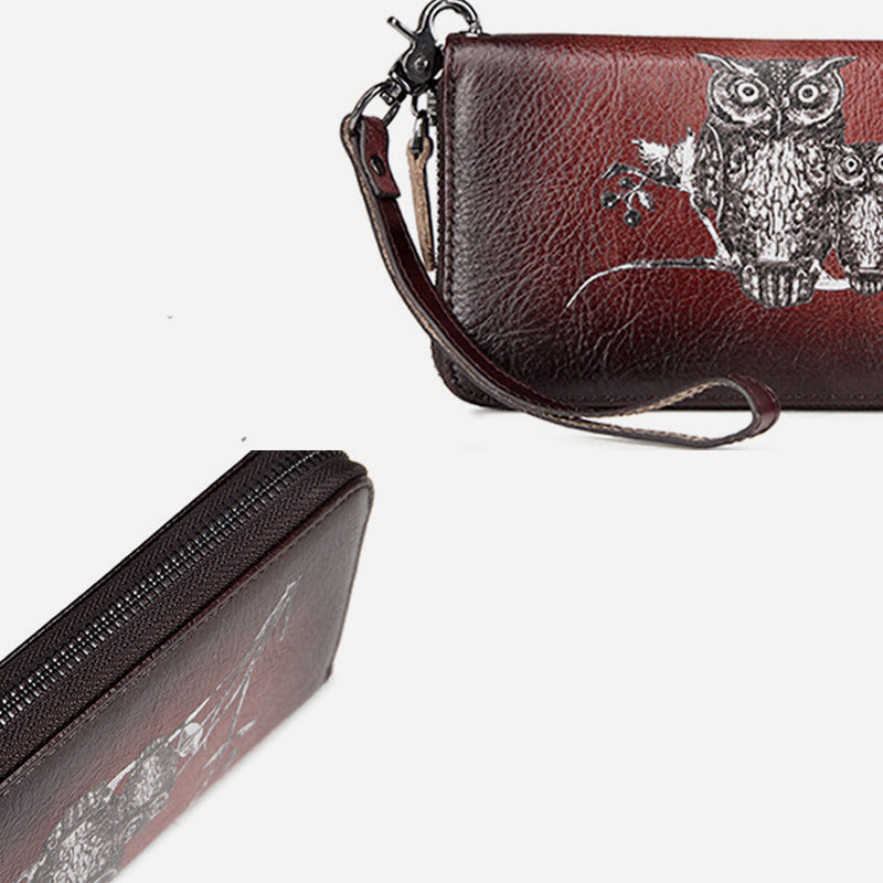 Süße Eulen-Geldbörse, lange Retro-Clutch aus echtem Leder