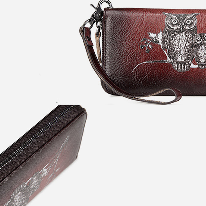 Süße Eulen-Geldbörse, lange Retro-Clutch aus echtem Leder