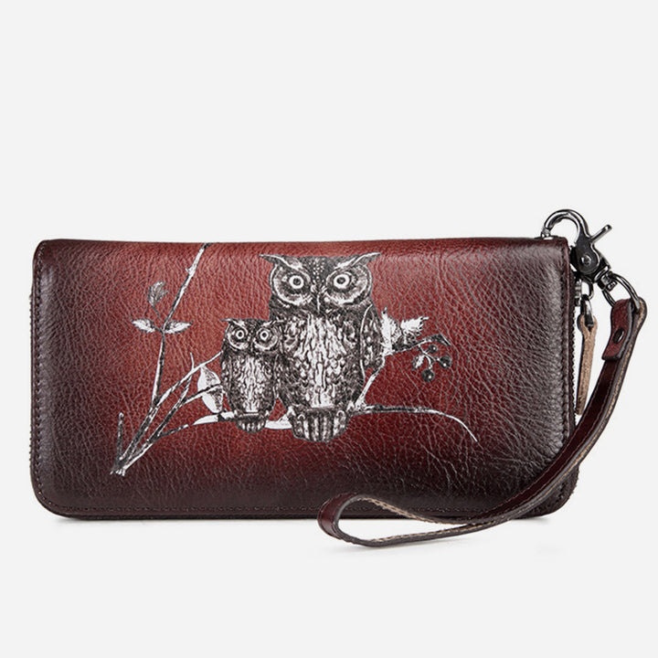 Süße Eulen-Geldbörse, lange Retro-Clutch aus echtem Leder