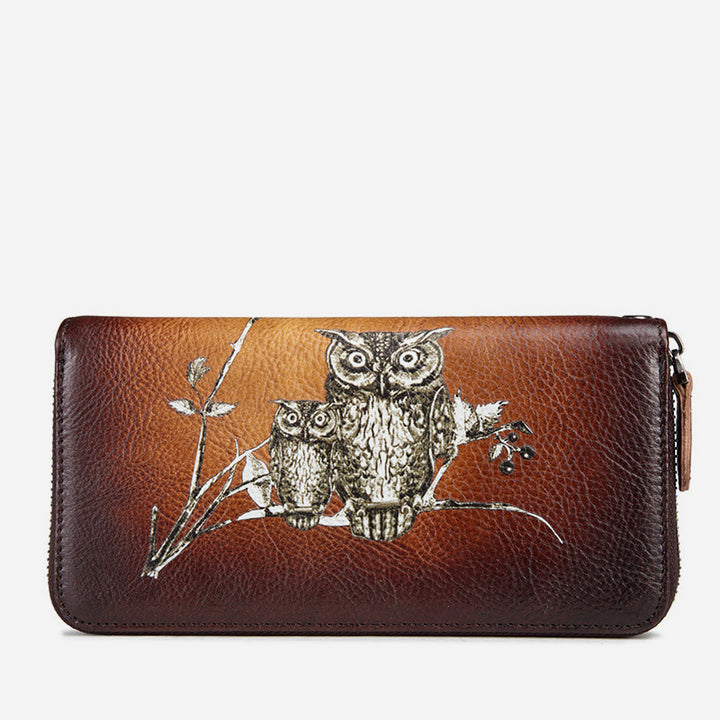 Süße Eulen-Geldbörse, lange Retro-Clutch aus echtem Leder