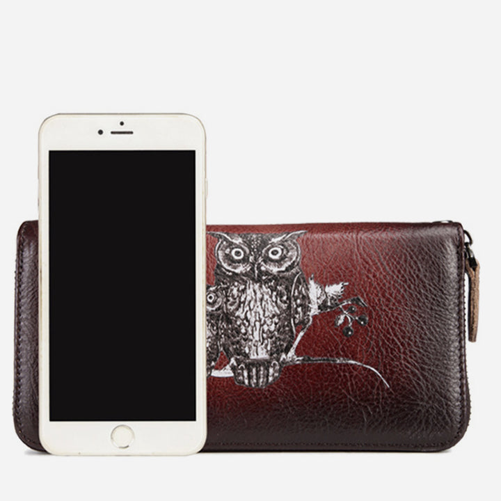 Süße Eulen-Geldbörse, lange Retro-Clutch aus echtem Leder