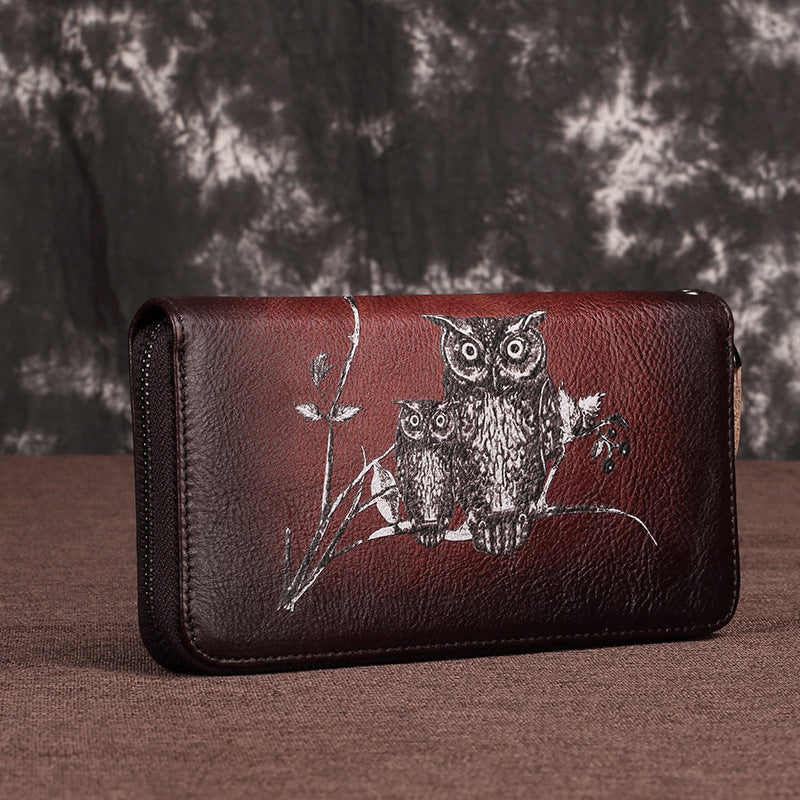 Süße Eulen-Geldbörse, lange Retro-Clutch aus echtem Leder